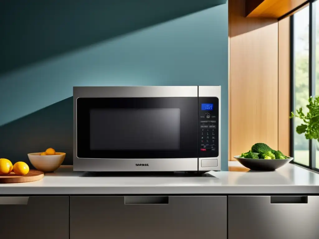 Horno de microondas moderno con acabado en acero inoxidable Un horno microondas moderno en una cocina minimalista con iluminación natural, mostrando su interior espacioso y controles táctiles