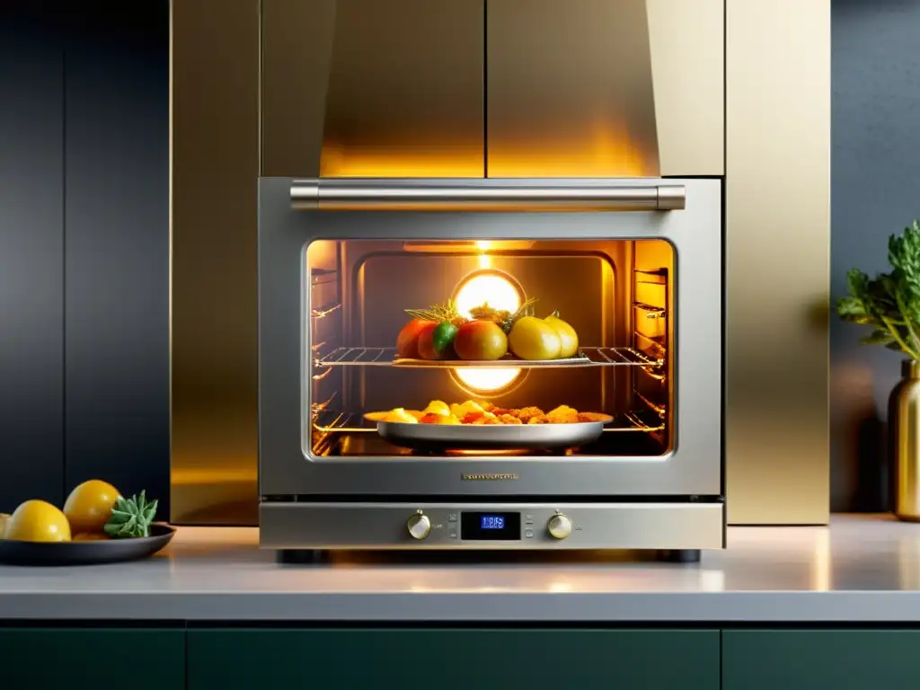 Horno de convección moderno: pastelería dorada y verduras asadas Horno de convección HIJ: Moderno y elegante, muestra delicias doradas y verduras asadas