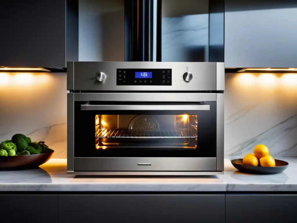 Horno multifuncional de acero inoxidable para cocina moderna Horno multifuncional para comidas con acabado de acero inoxidable, iluminado desde el interior, en una cocina contemporánea