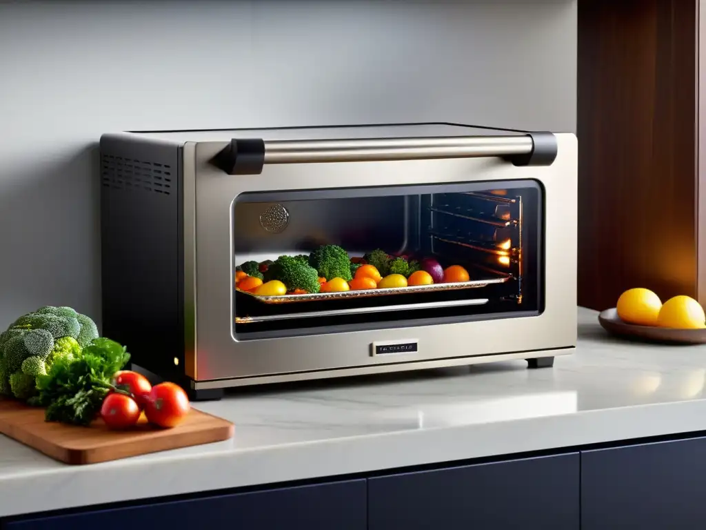 Horno multifuncional: Diseño elegante y deliciosas creaciones Un horno multifuncional para comidas de diseño moderno y elegante, con un delicioso asado y verduras coloridas cocinándose a la perfección