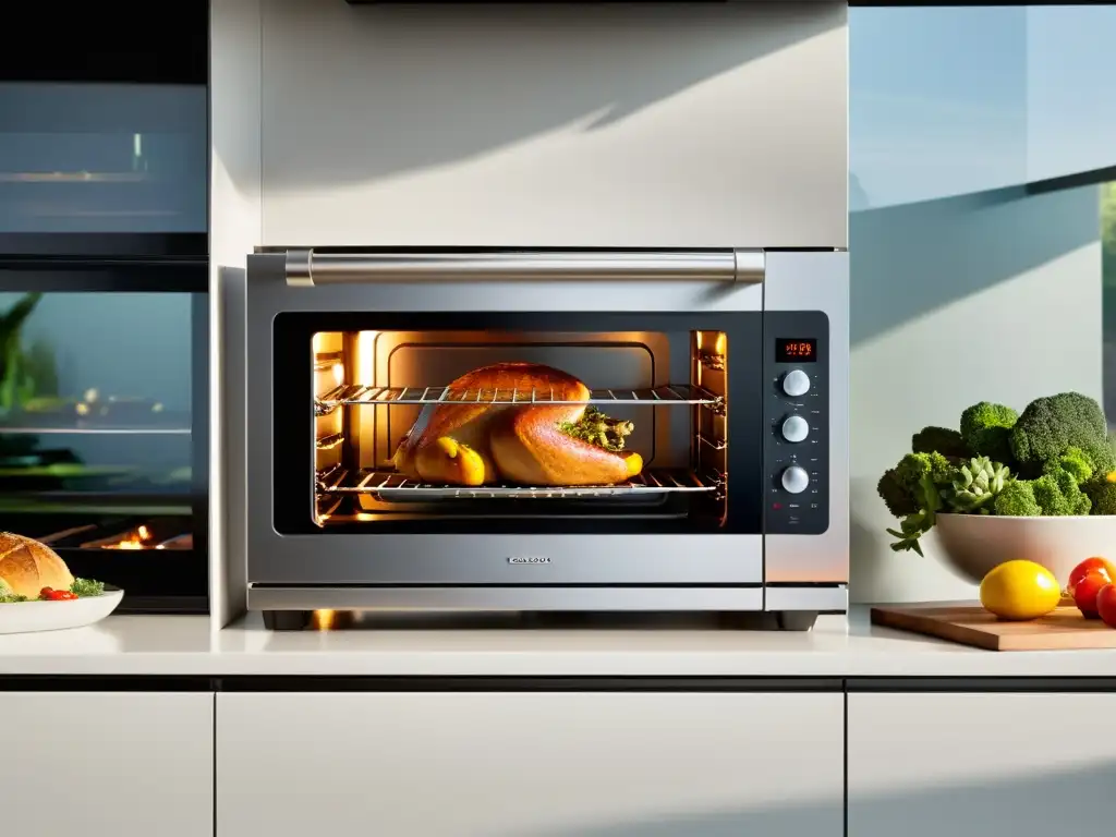 Horno multifuncional de acero inoxidable: grill, vapor y horneado Un horno multifuncional para comidas con diseño moderno, iluminación LED suave y opciones de grill, vapor y horneado