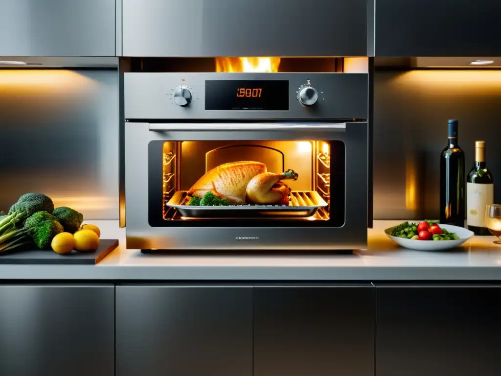 Horno multifuncional para comidas: cocina de alta definición Un horno multifuncional para comidas exhibe su elegante diseño en una cocina iluminada naturalmente, rodeado de deliciosas preparaciones