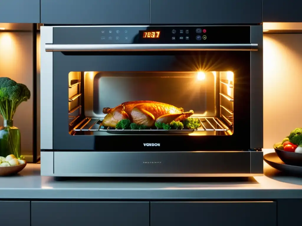 Moderno horno multifuncional: cocina sofisticada Un horno multifuncional para comidas, iluminado con luz cálida, sobre una encimera de granito pulido