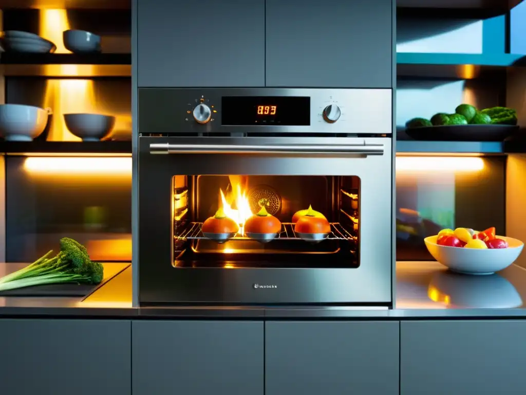 Un horno pirolítico moderno y elegante muestra su interior con intensas llamas, cocinando una variedad de alimentos frescos