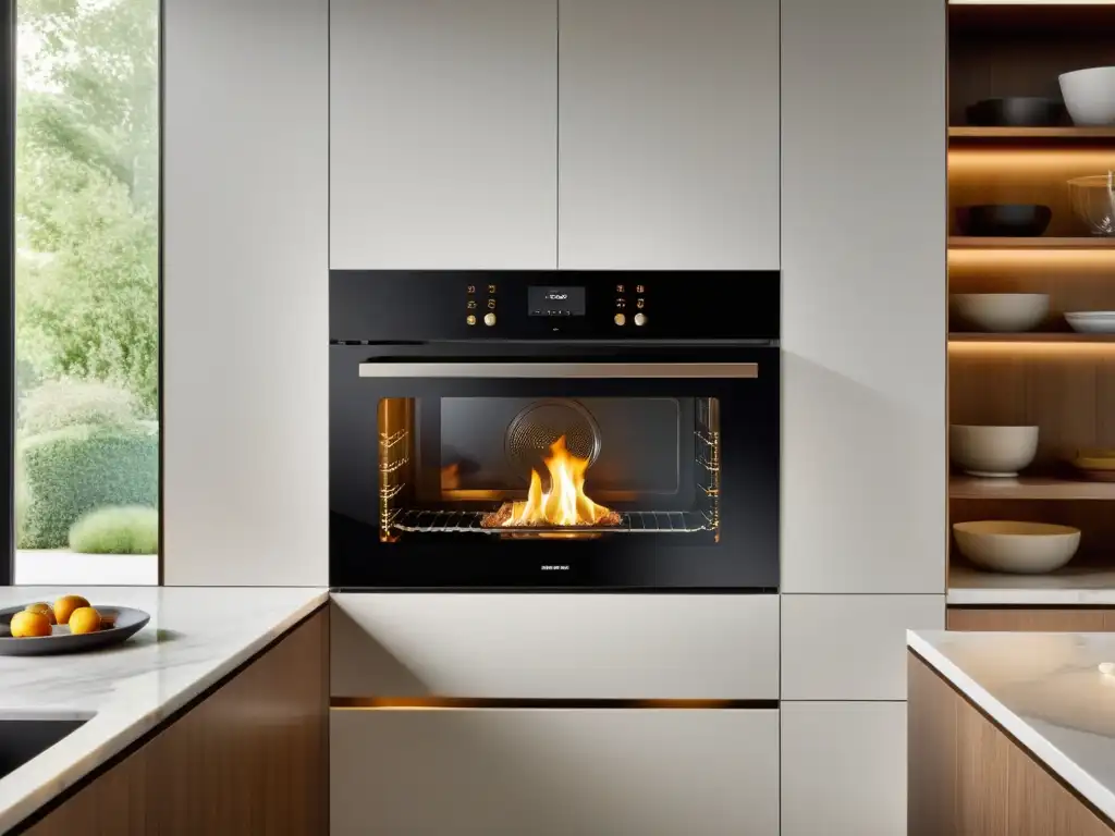 Un horno pirolítico moderno y elegante iluminado, resalta los beneficios de los hornos pirolíticos en la cocina diaria