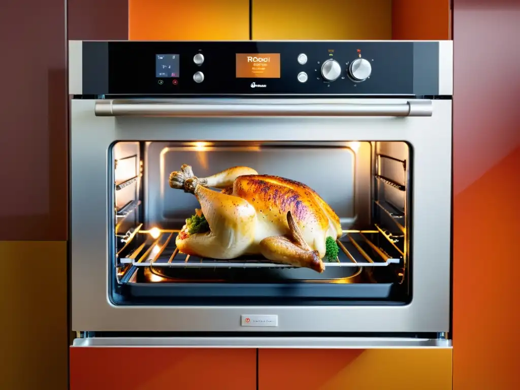 Un horno pirolítico moderno y elegante con pollo asado y verduras, iluminado con luz cálida