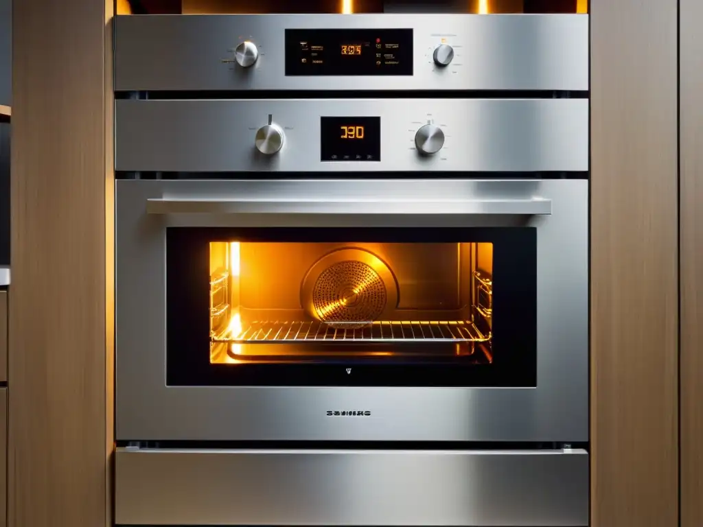 Un horno pirolítico moderno y elegante con puerta de cristal, iluminación brillante y controles táctiles