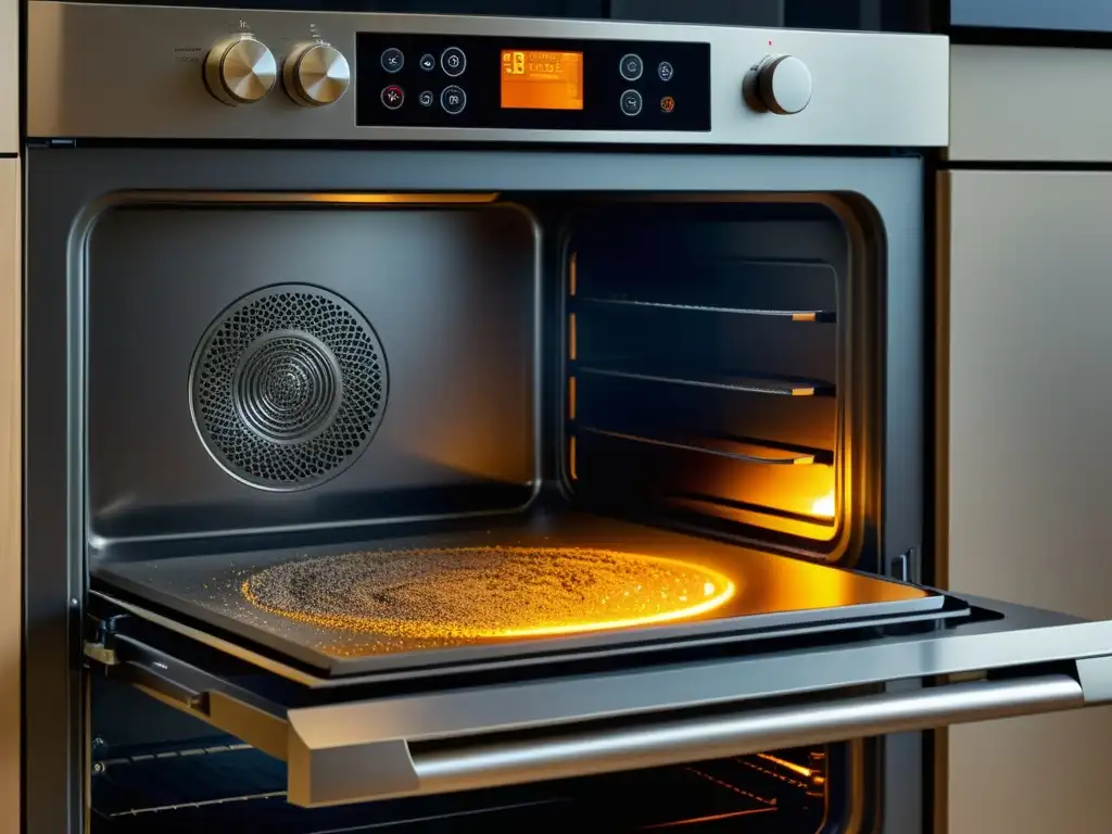 Proceso de autolimpieza de horno pirolítico: transformación hipnótica Un horno pirolítico moderno en plena limpieza, mostrando el intenso calor y el proceso de transformación