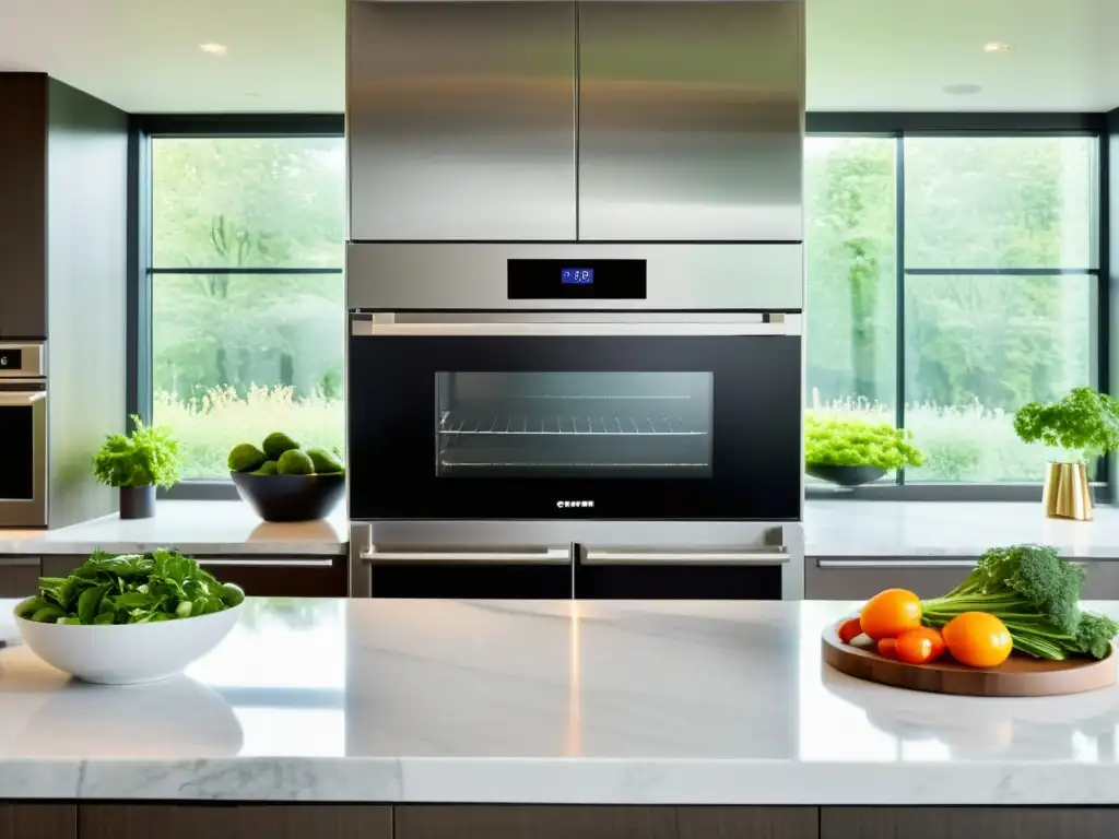 Cocina moderna con horno de vapor de última generación Horno de última generación con vapor en cocina moderna, utensilios y vegetales frescos