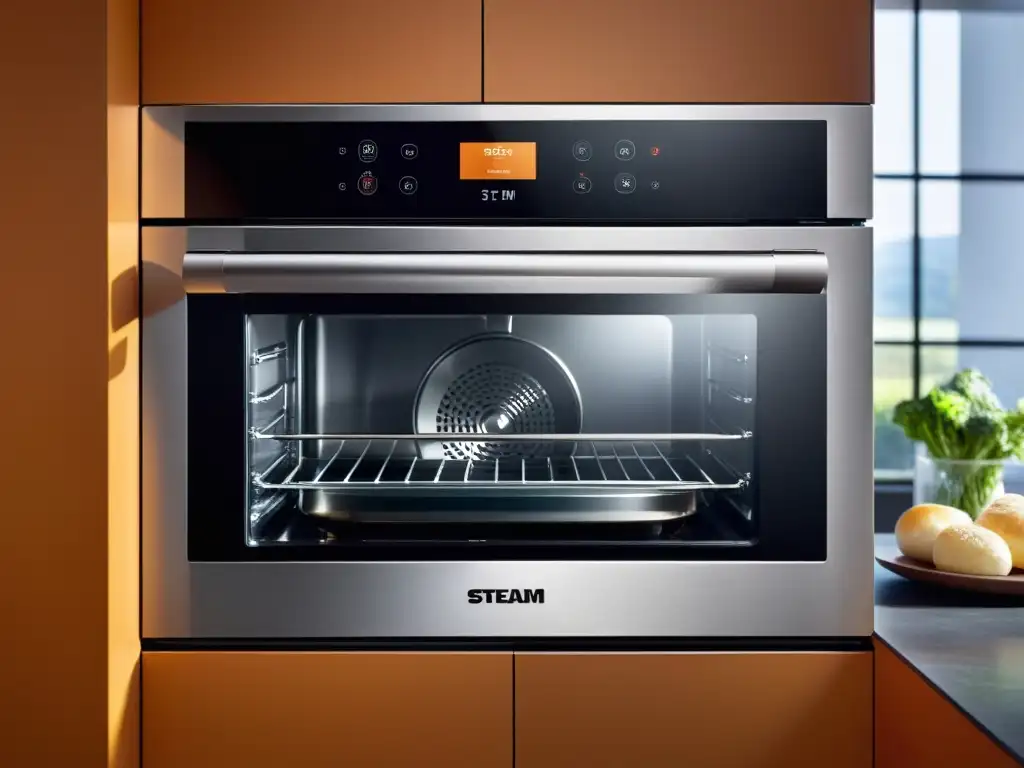 Horno de vapor de acero inoxidable cocinando una deliciosa comida al vapor Horno de última generación con vapor cocinando una deliciosa comida, con diseño elegante y minimalista, panel digital y puerta de vidrio
