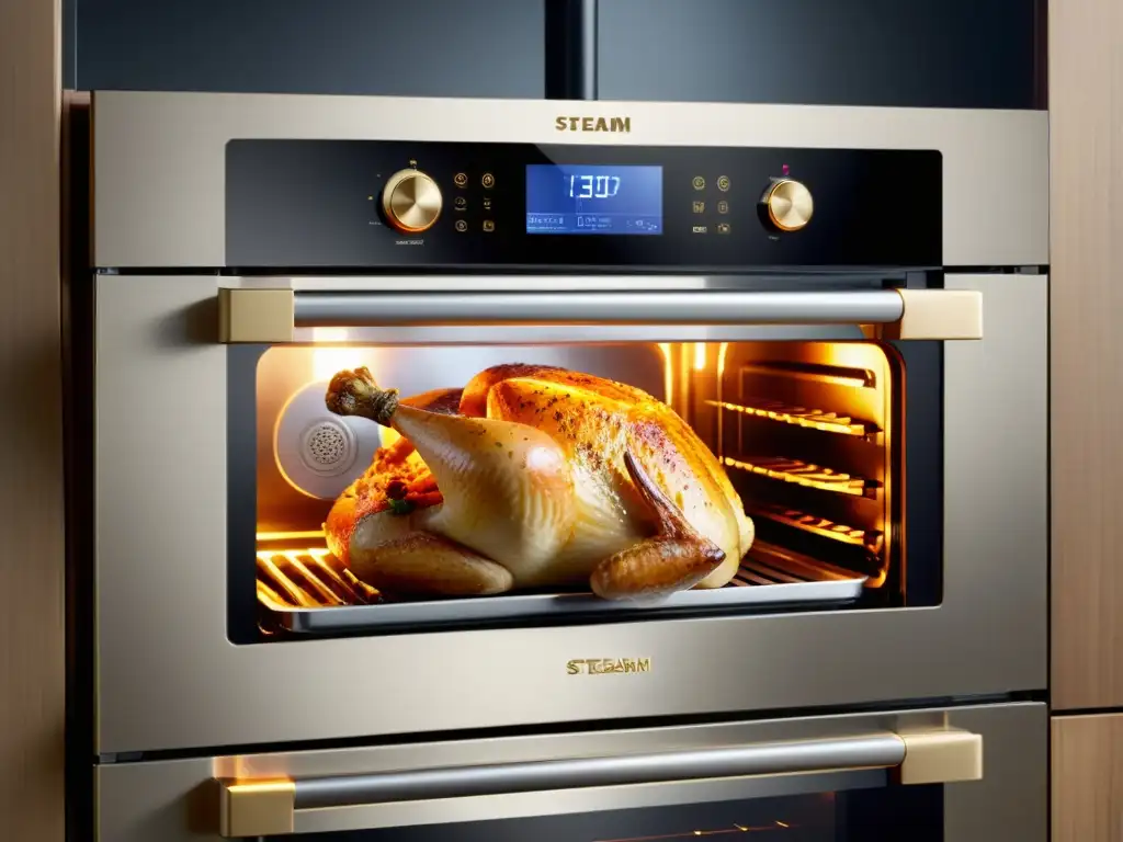 Moderno horno de acero inoxidable cocinando un pollo dorado al vapor Horno de última generación con vapor cocinando un delicioso pollo dorado, iluminado con LED