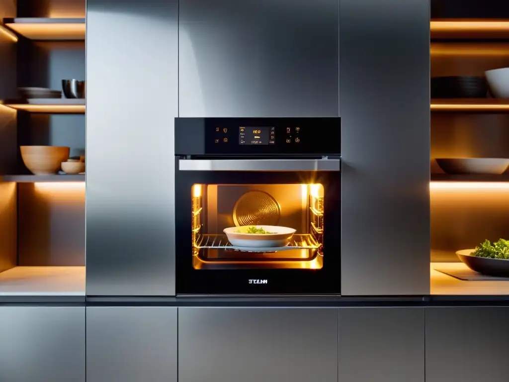 Horno de vapor de acero inoxidable: elegancia culinaria Horno de última generación con vapor, integrado en una cocina moderna, iluminado con LED y mostrando un exquisito plato cocinado