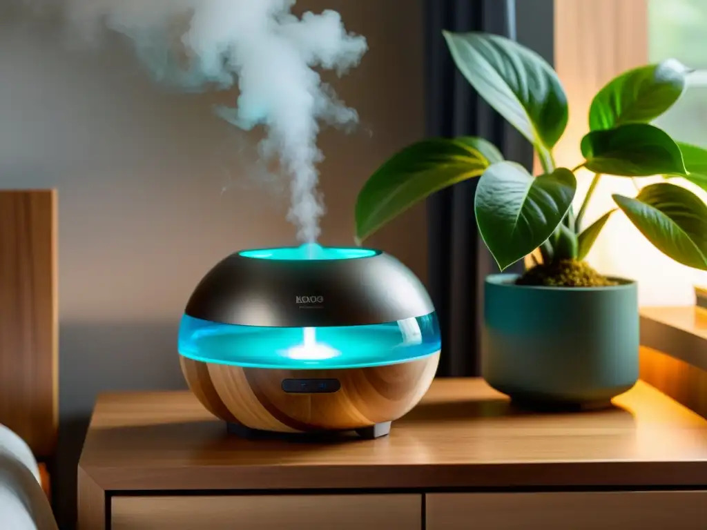 Un humidificador moderno y elegante en una mesita de noche de madera, emitiendo un suave vapor en el aire