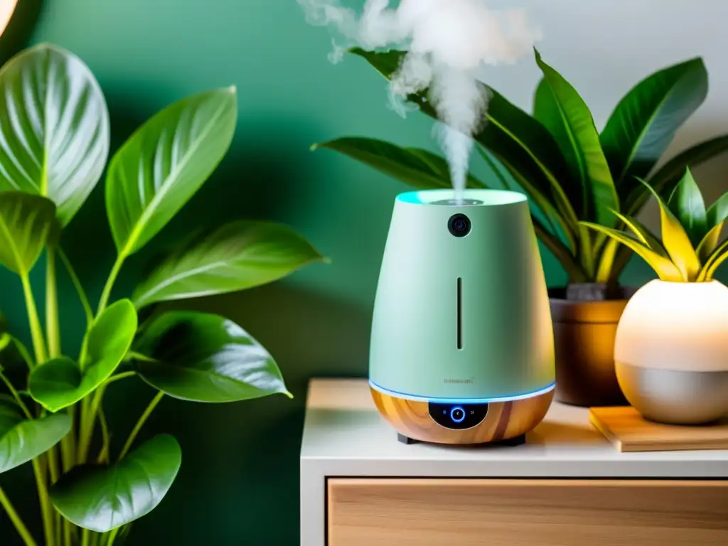 Humidificador ultrasónico: serenidad y frescura en casa Un humidificador ultrasónico moderno mejora el ambiente con purificador de aire, rodeado de plantas verdes exuberantes