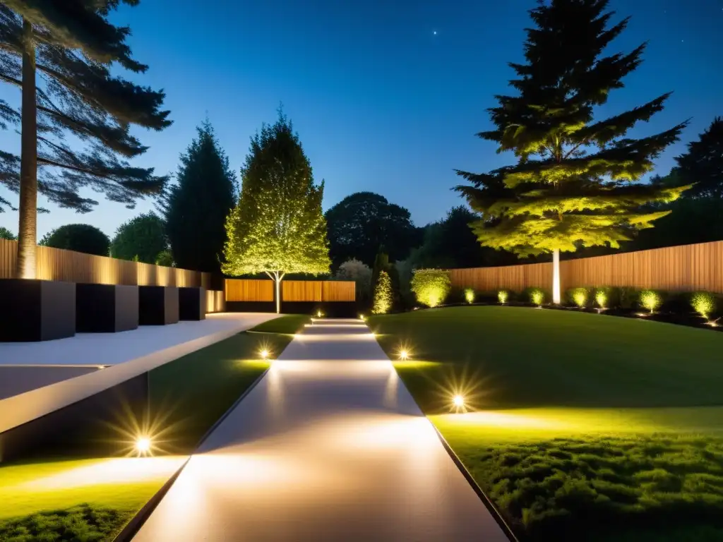 Luces inteligentes: seguridad y estilo en la noche Una iluminación inteligente como disuasivo de seguridad, proyecta un ambiente sofisticado y seguro en una moderna propiedad residencial de noche