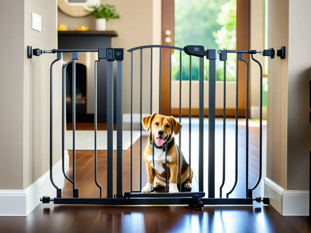 Niño feliz y mascota seguros en puerta de seguridad Una imagen cálida y acogedora de un niño y su mascota en un sistema de seguridad confiable y amigable para niños