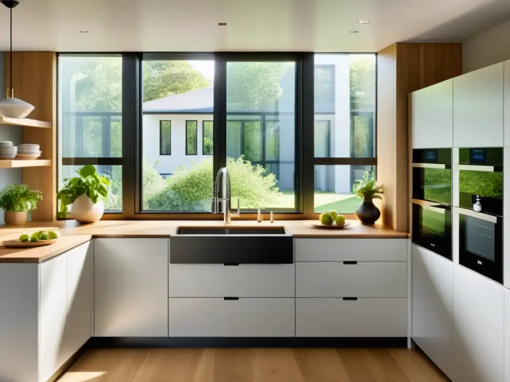 Imagen de cocina moderna con electrodomésticos de alta eficiencia energética, rodeados de elementos sostenibles y plantas verdes