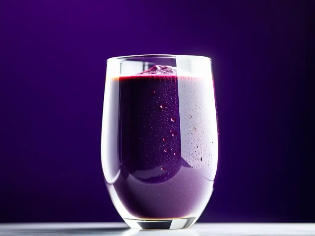 Una imagen detallada de una moderna batidora de vaso llena de un vibrante smoothie morado, con gotas de condensación