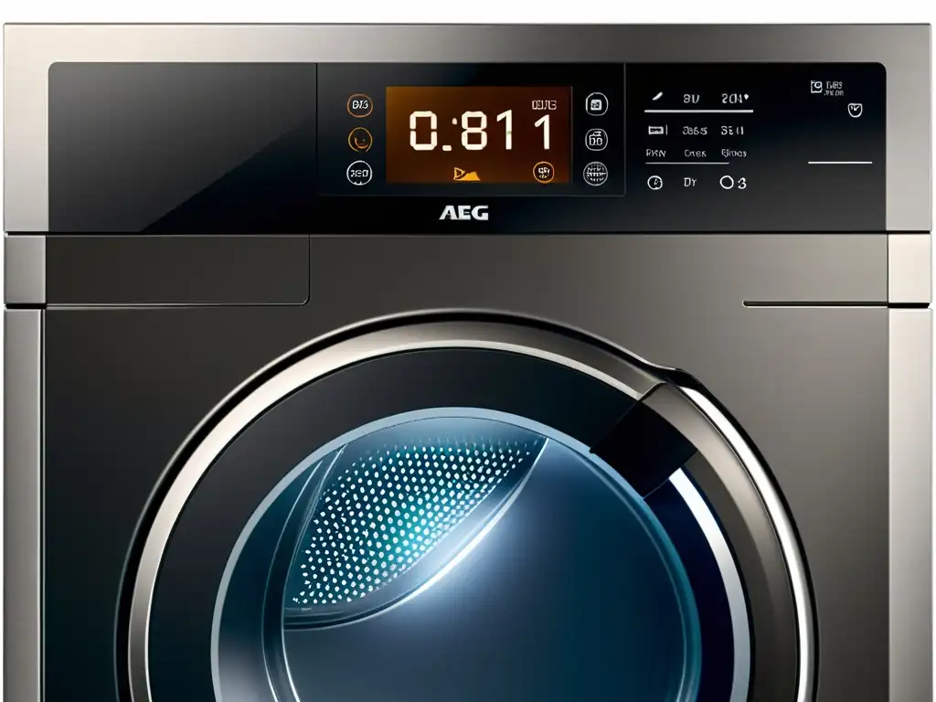 Panel de control AEG T8DBE851: diseño moderno y tecnología avanzada Una imagen detallada del panel de control de la secadora AEG T8DBE851, resaltando su diseño moderno y las funciones tecnológicas avanzadas
