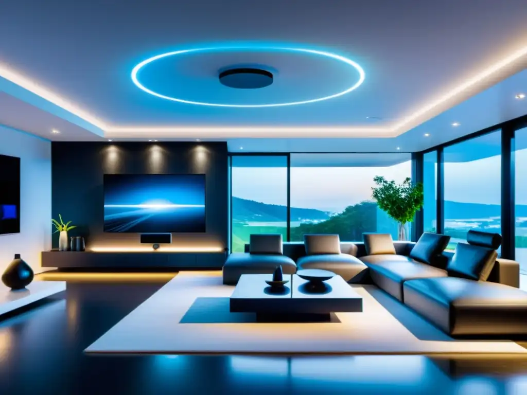 Smart Home Futurista: Conectividad Avanzada en un Espacio Minimalista Imagen de un hogar futurista con tecnologías de conectividad para el hogar, luces inteligentes, cámaras de seguridad y asistentes de voz