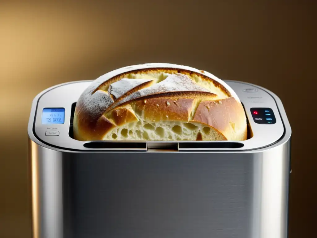 Panadería artesanal moderna: Máquina de acero inoxidable hornea delicias Una imagen de una moderna máquina de hacer pan casero de acero inoxidable, con panes artesanales saliendo y una atmósfera cálida y acogedora