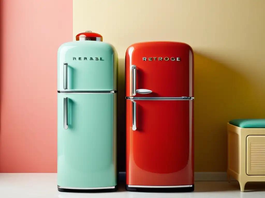 Refrigerador retro rojo con encanto vintage Una imagen nostálgica de un refrigerador retro rojo brillante con electrodomésticos retro para transformar espacio