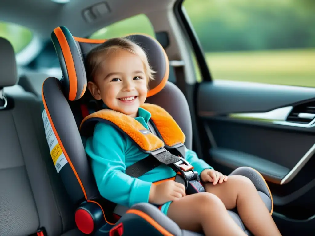 Niños seguros en auto: moderno y confiable Imagen de alta resolución de un niño sonriente y una mascota en un asiento de seguridad en un moderno interior de automóvil