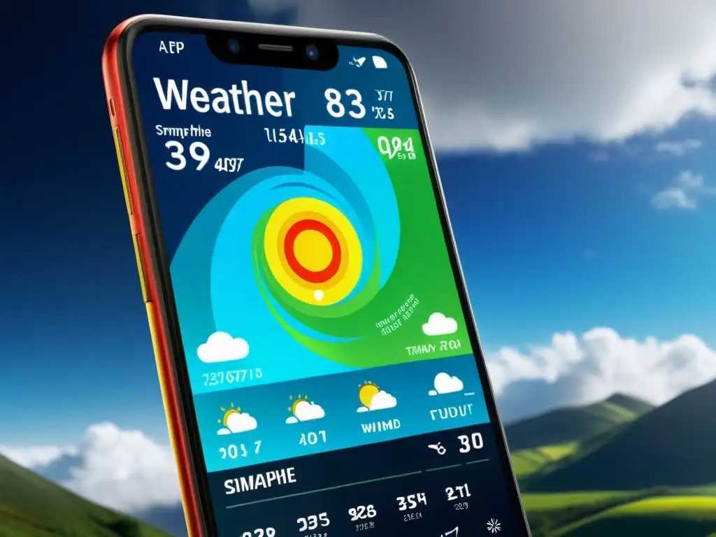 Smartphone con app meteorológica: detallada y moderna Imagen de un smartphone moderno con app de pronóstico del tiempo, presentando una interfaz detallada y atractiva
