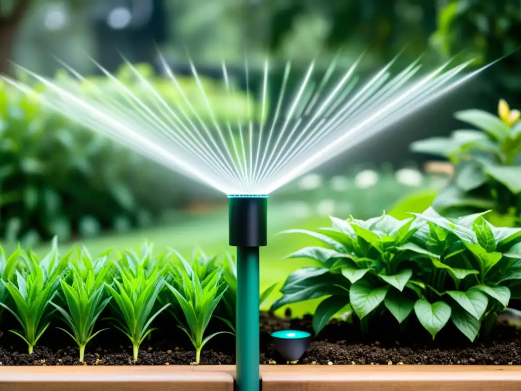 Sistema de riego inteligente en jardín exuberante Una imagen de soluciones tecnológicas para riego inteligente en un jardín exuberante, mostrando la fusión de tecnología y naturaleza