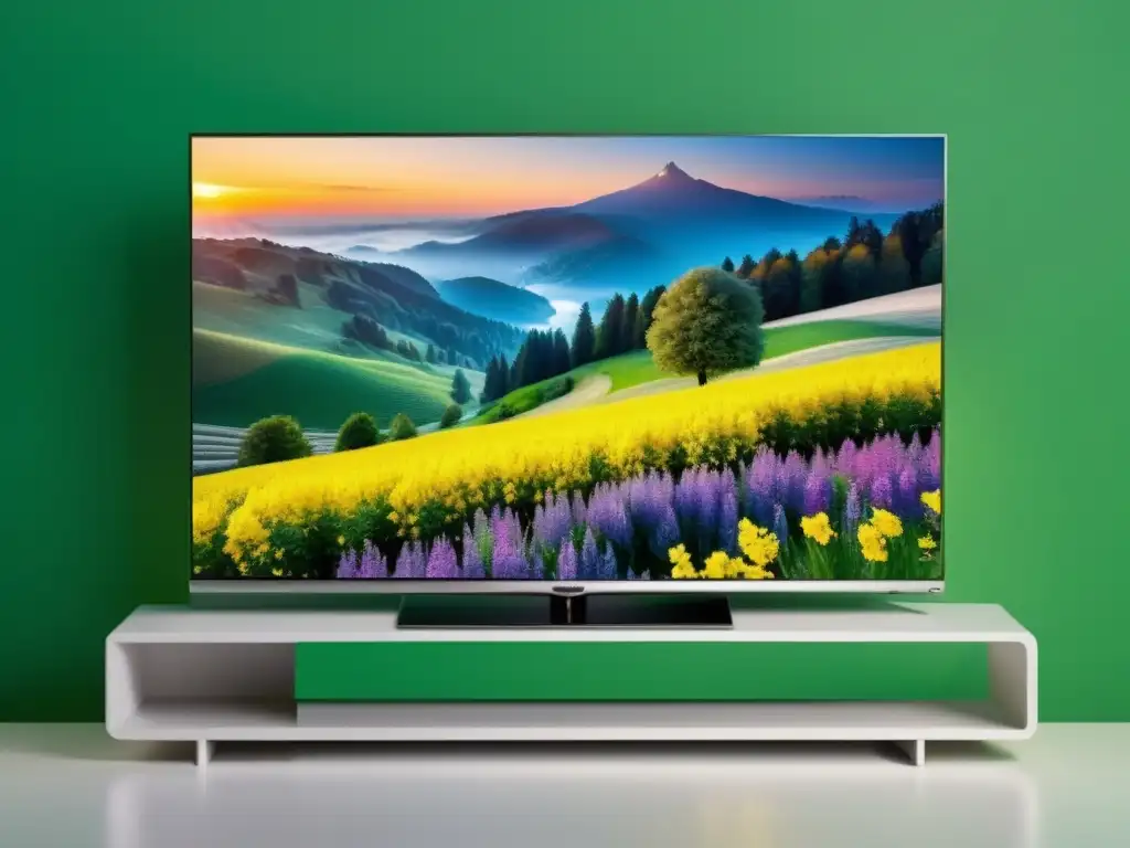 Una impactante TV Smart de diseño moderno con pantalla de alta resolución mostrando una escena natural