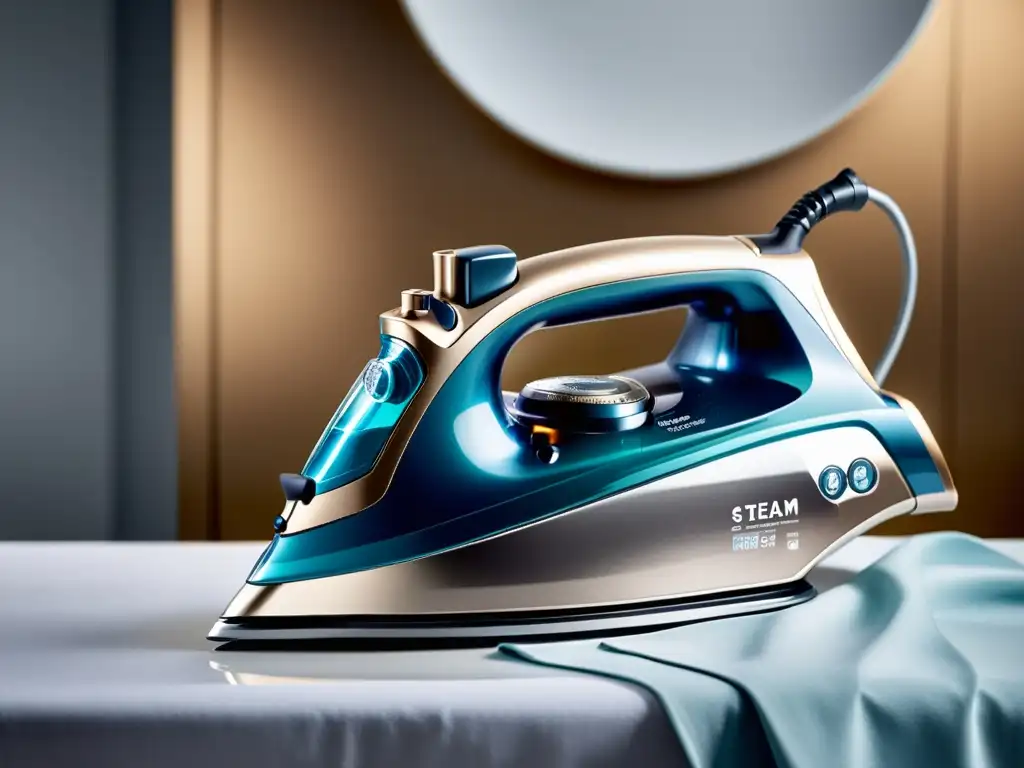 Plancha de vapor y ropa impecable: eficiencia y precisión Impecable plancha de vapor rodeada de prendas perfectamente dobladas, evocando limpieza y mantenimiento