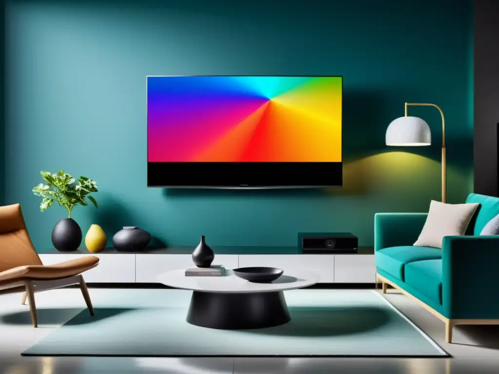 Salón moderno con Smart TV de alta definición Impecable sala de estar con Smart TV montada en la pared, reflejando colores vibrantes