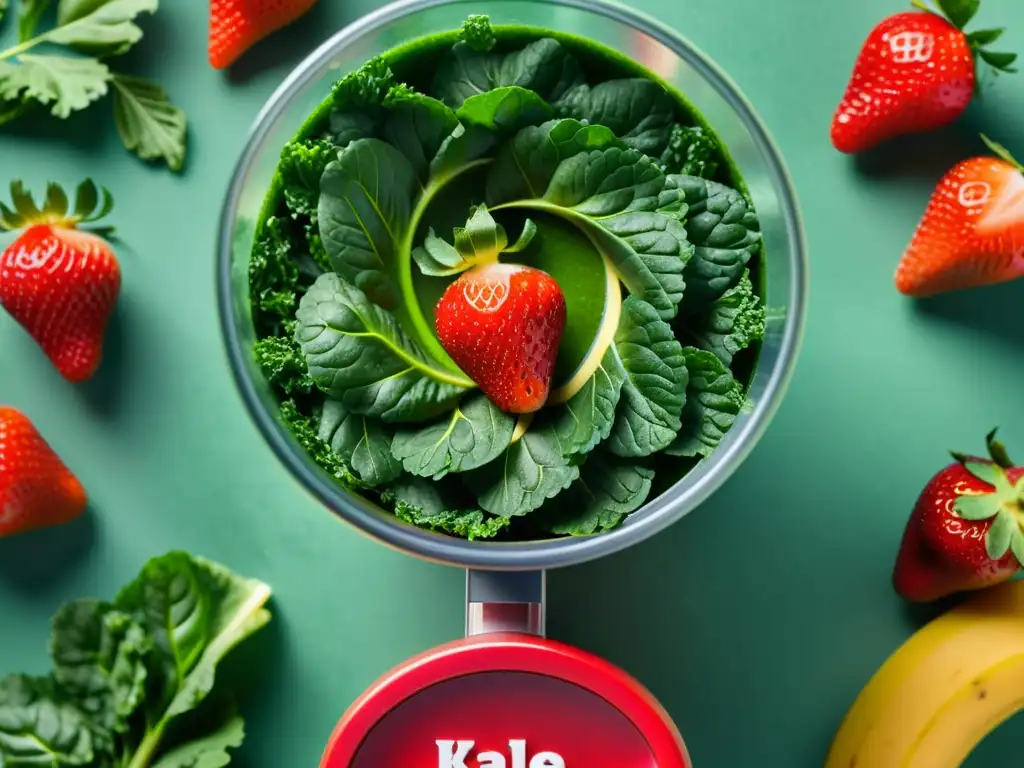 Mezcla vibrante de kale, fresas y plátano en licuadora de alta velocidad Imponente remolino de ingredientes frescos en una licuadora de alta velocidad, muestra el impacto de las batidoras en la absorción nutricional