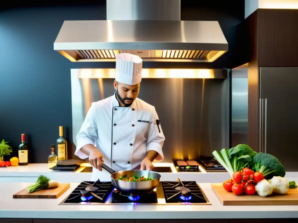 Moderna cocina con campana de acero inoxidable y chef hábil Importancia de campanas extractoras para la salud: Cocina moderna con extractora potente, chef cocinando ingredientes frescos bajo luz cálida