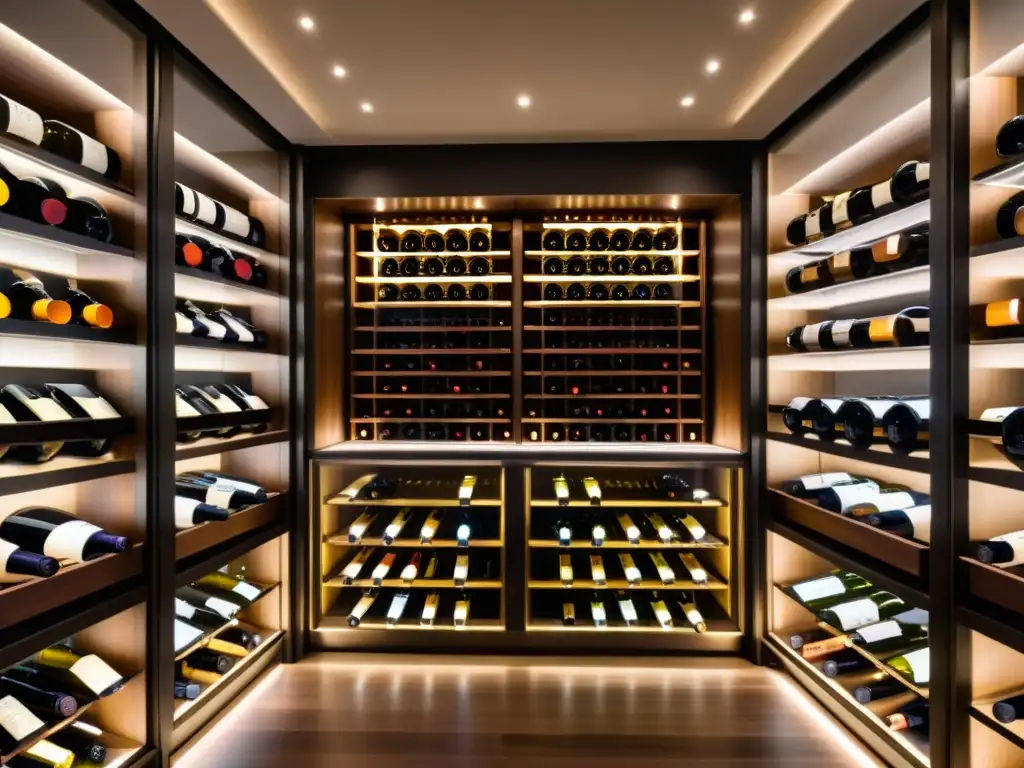 Exquisita bodega de vinos de lujo: 8k ultradetallada Una impresionante bodega de vinos de alta gama con botellas perfectamente organizadas en estantes de vidrio iluminados