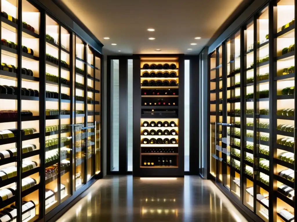 Cava de vinos moderna y elegante con iluminación cautivadora Exhibición impresionante de las mejores cavas vinos alta gama en una bodega moderna y elegante con iluminación cálida y diseño contemporáneo