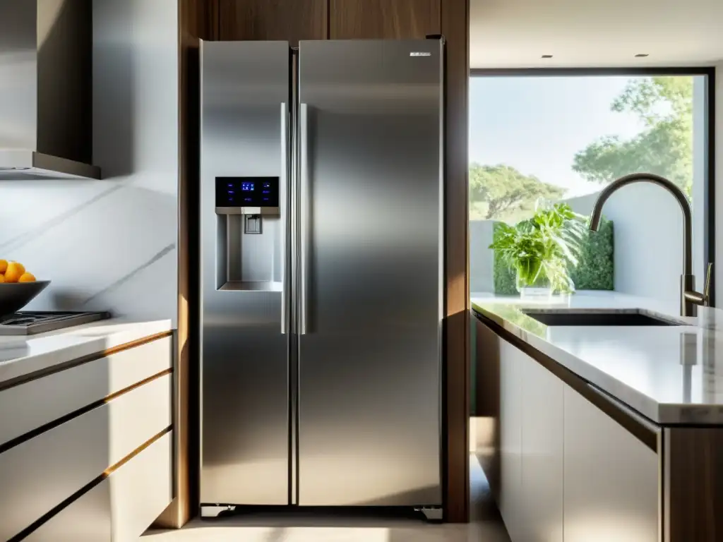 Refrigerador de acero inoxidable: elegancia moderna en la cocina Influencia de electrodomésticos: refrigerador de acero inoxidable moderno con acabado metálico, en una cocina contemporánea lujosa y sofisticada