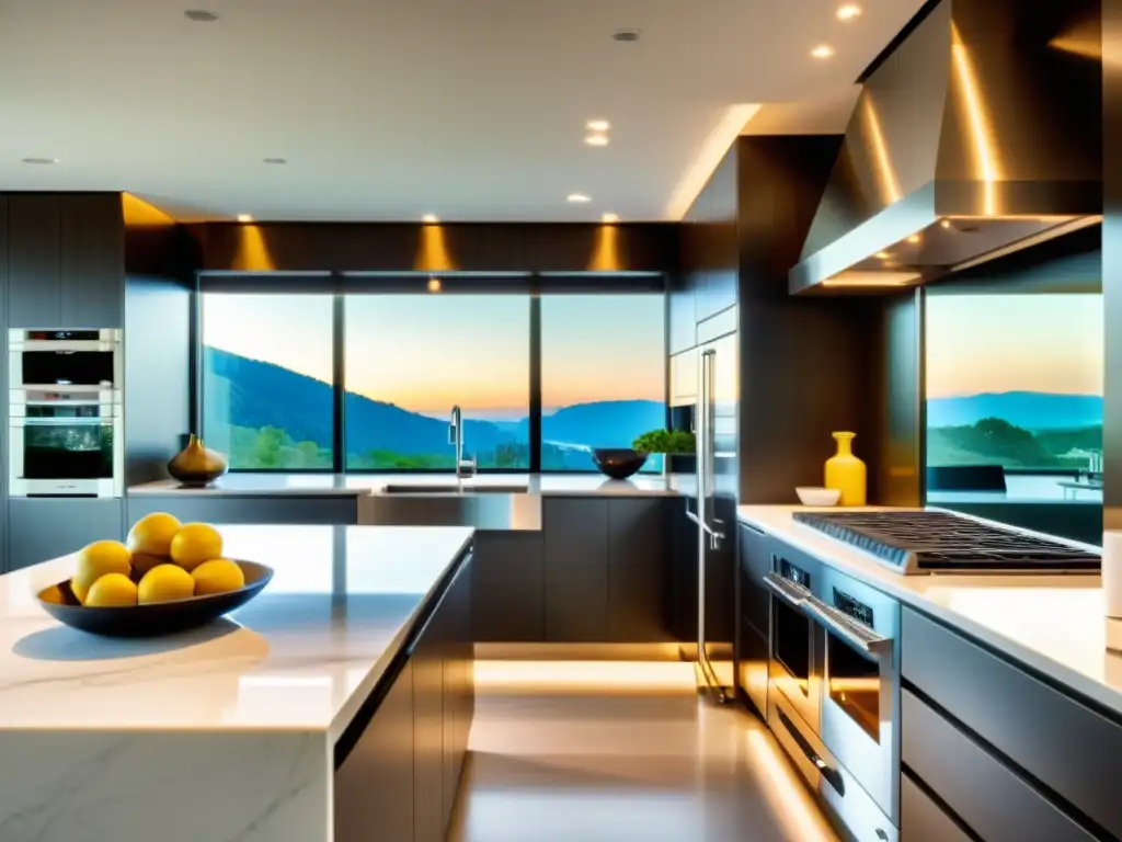 Cocina moderna de lujo: luces, brillo y elegancia Influencia de electrodomésticos y texturas en el hogar: Una cocina moderna y elegante con electrodomésticos relucientes y encimeras de mármol