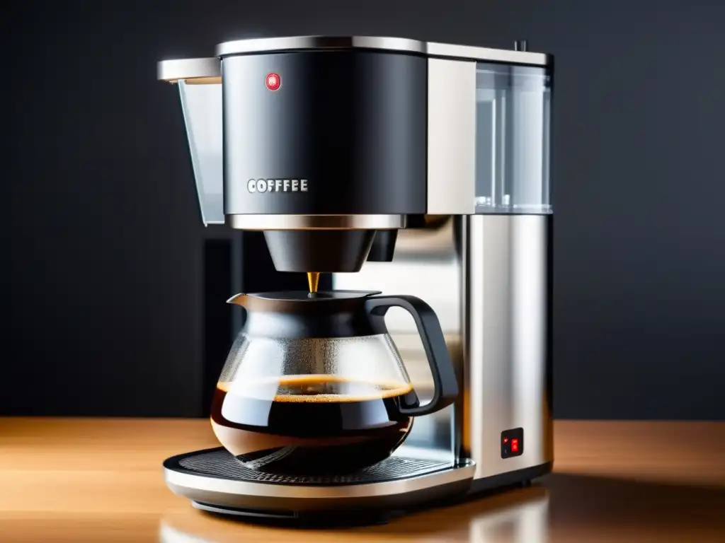 Innovaciones electrodomésticos para hogar: Cafetera futurista con diseño sofisticado, mecanismos visibles y café recién hecho en jarra elegante