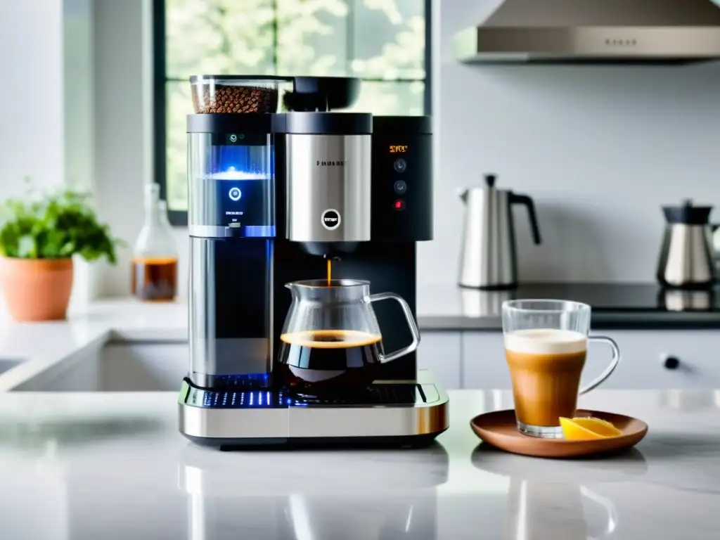 Innovaciones electrodomésticos para hogar: Cafetera inteligente de diseño moderno en una cocina blanca, con café recién hecho y luz matutina suave
