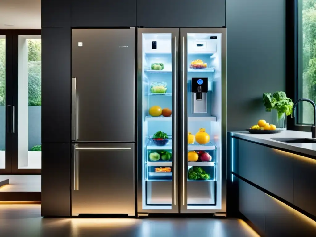 Refrigerador futurista: tecnología innovadora y diseño minimalista Innovaciones en frigoríficos del futuro: un refrigerador futurista y elegante con una puerta de cristal transparente, iluminado desde el interior para mostrar sus contenidos organizados