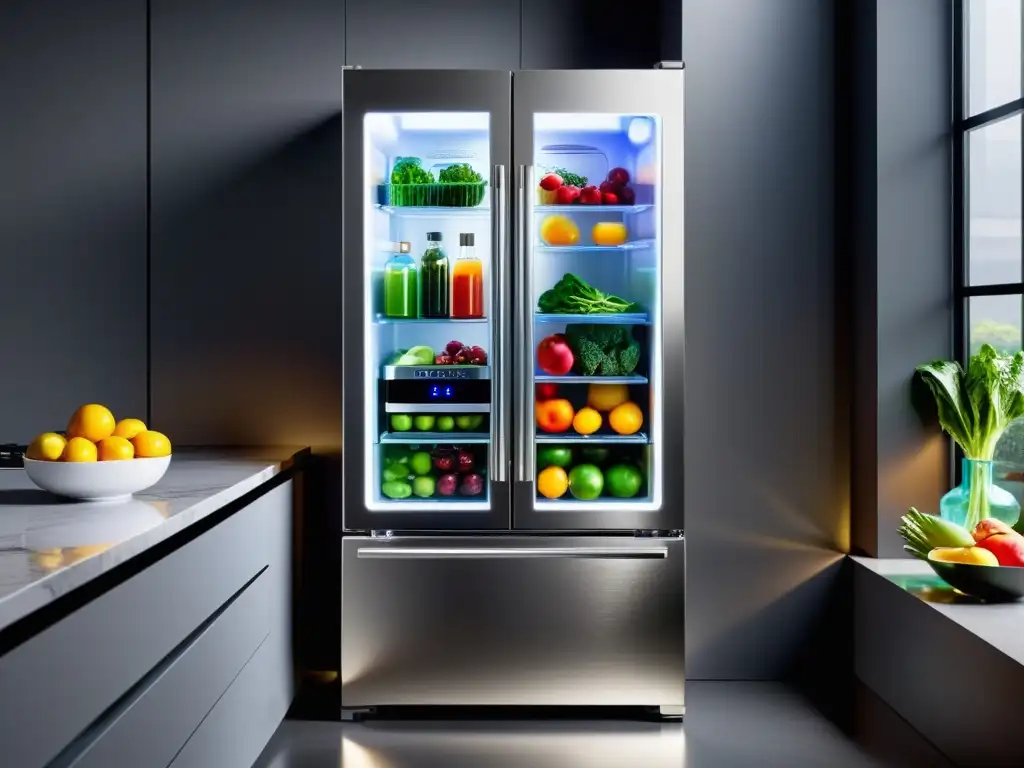 Refrigerador futurista con frutas y verduras coloridas Innovaciones en frigoríficos del futuro: refrigerador futurista con frutas y verduras organizadas, iluminado por LED en una cocina moderna y minimalista