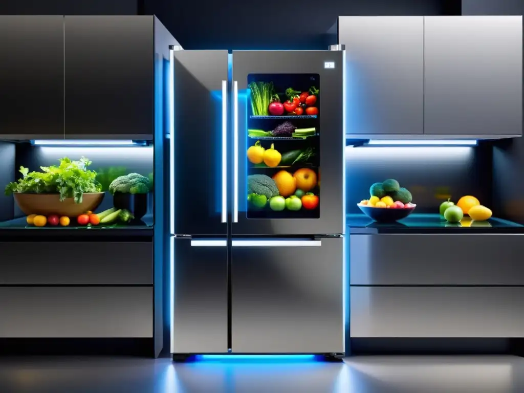 Refrigerador futurista con frutas y verduras organizadas Innovaciones en frigoríficos del futuro: Un refrigerador futurista con frutas y verduras coloridas organizadas detrás de una puerta de vidrio transparente en una cocina minimalista de alta tecnología