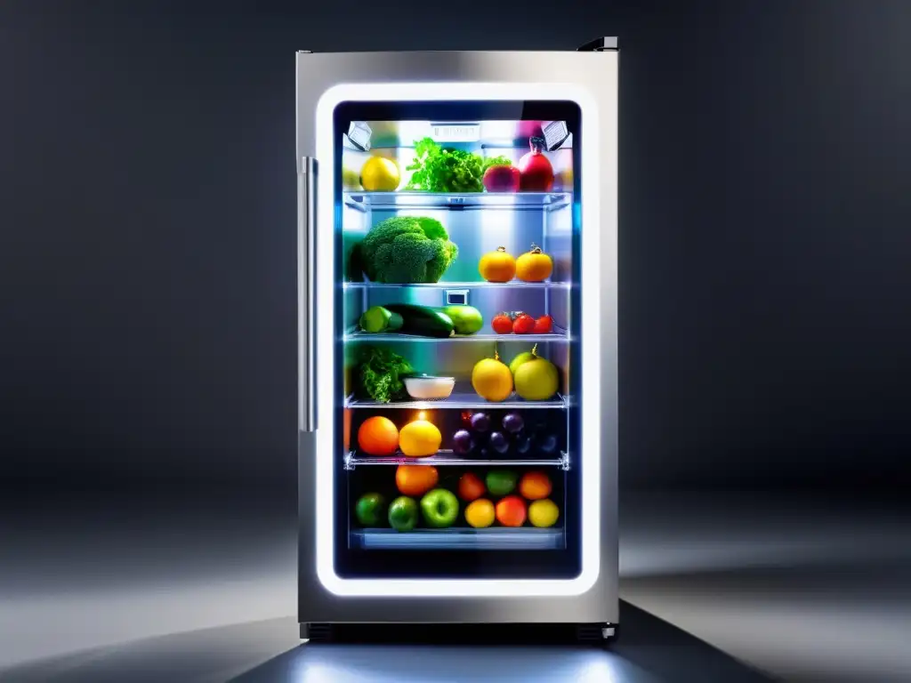 Refrigerador futurista con puerta de vidrio transparente y diseño minimalista Innovaciones en frigoríficos del futuro: Un refrigerador futurista y elegante con puerta de vidrio transparente, iluminando estantes de frutas y verduras coloridas con tecnología LED suave