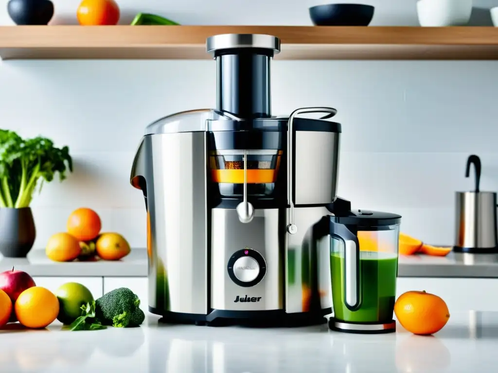 Exprimidor de acero inoxidable: innovación y frescura en tu cocina Un innovador extractor de jugos de acero inoxidable en una cocina moderna, rodeado de frutas frescas y vegetales