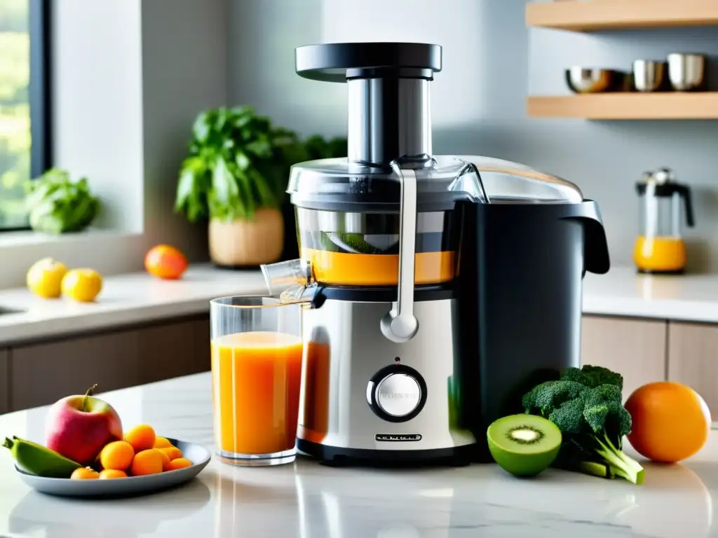 Exprimidor moderno de acero inoxidable: potente y elegante Un innovador extractor de jugos de acero inoxidable en un moderno entorno de cocina, listo para crear jugos frescos y deliciosos