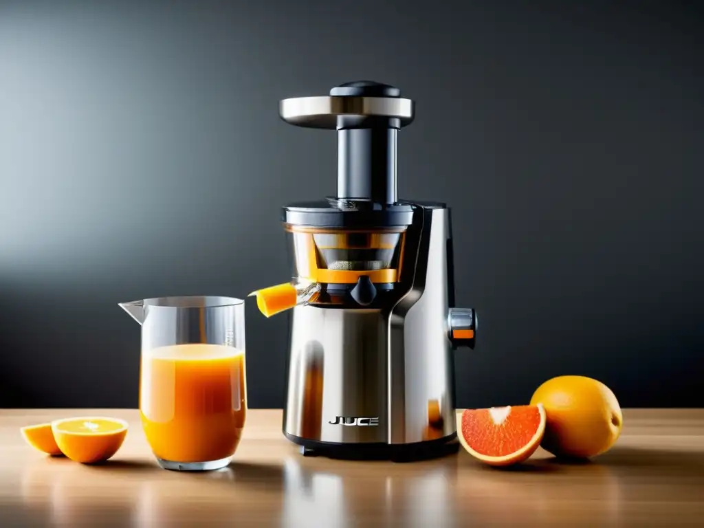 Exprimidor moderno de acero inoxidable con LED y diseño compacto Un innovador extractor de jugos con diseño moderno de acero inoxidable y controles táctiles LED, resaltado por iluminación suave