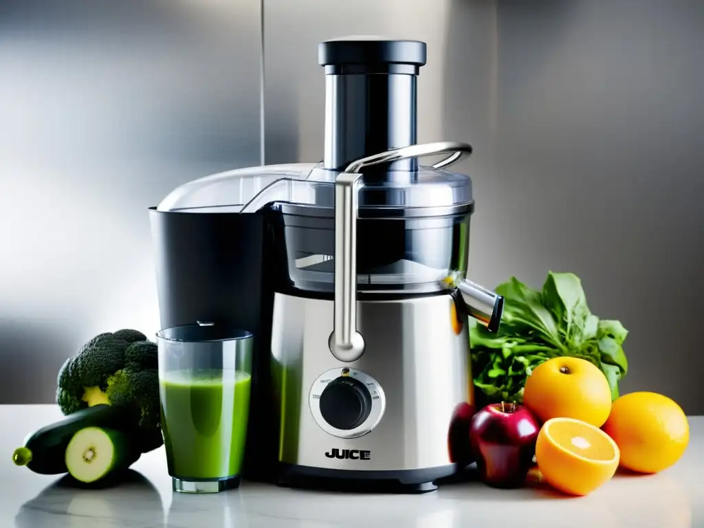 Extractor de jugo moderno: precisión y frescura en acero inoxidable Innovadores extractores de jugos: una elegante máquina de acero inoxidable con frutas y verduras frescas, destacando su precisión y tecnología avanzada