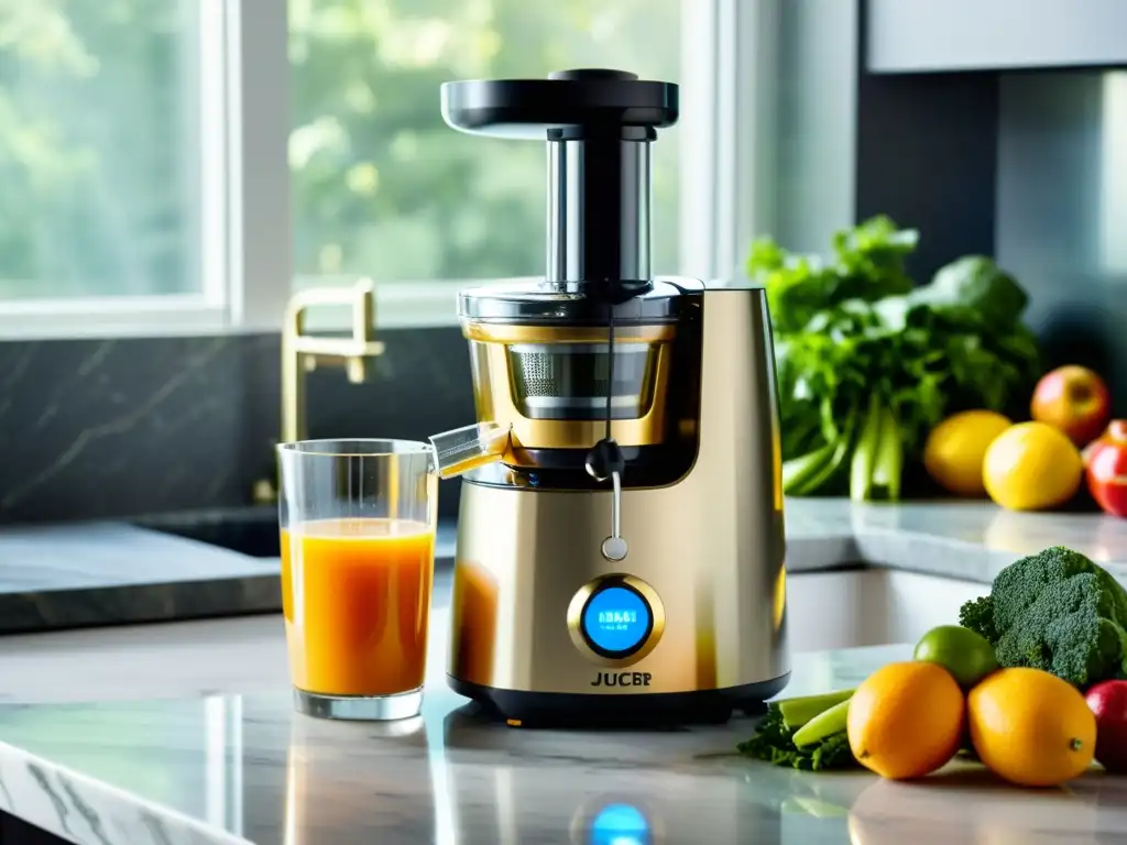 Extracción de jugo moderna y eficiente en una cocina luminosa Innovadores extractores de jugos: Una escena luminosa con un moderno extractor rodeado de frutas frescas y vegetales, bañada por la cálida luz matutina