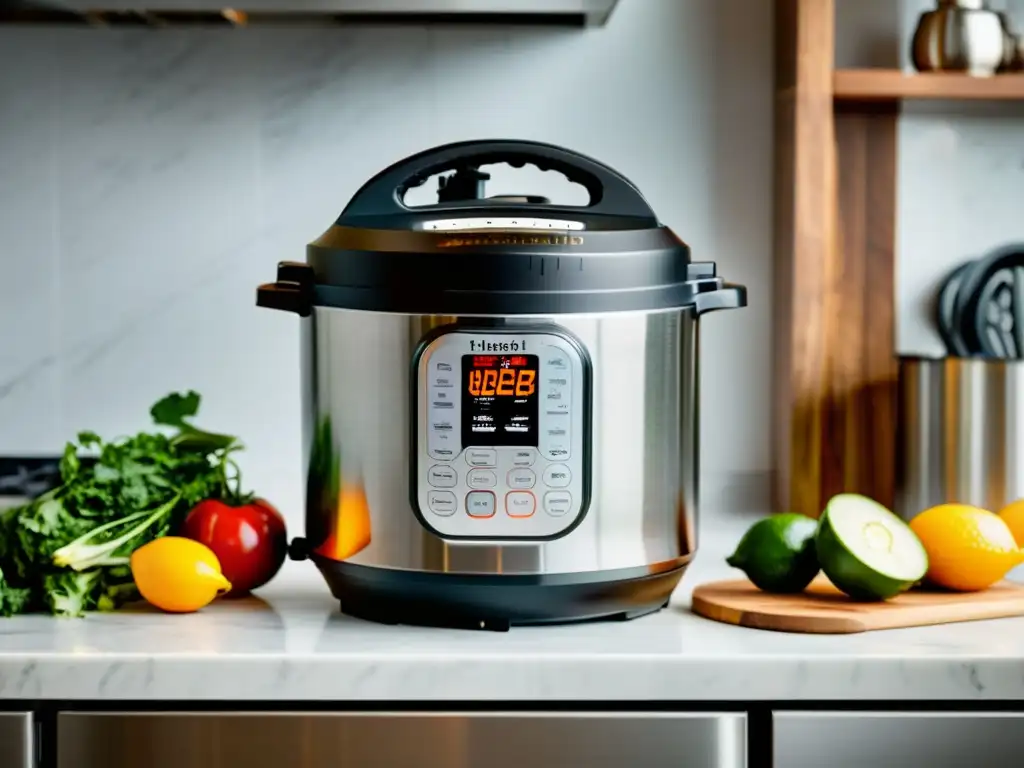 Instant Pot futurista en acción: vapor y eficiencia Un Instant Pot moderno en una encimera de cocina, rodeado de ingredientes, emitiendo vapor